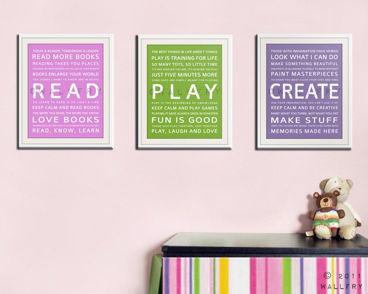Childrens art for kids. Inspiration Typography Prints- Playroom decor set. READ, PLAY, CREATE. Kids wall art. 3 8x10 Quote prints by WallFry