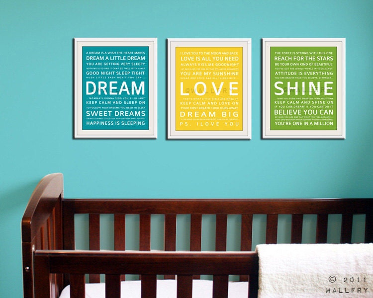 Children wall art. Baby nursery art print. Typography art for kids. Nursery wall quotes. 3 - 1x14 print, LOVE DREAM SHINE playroom decor