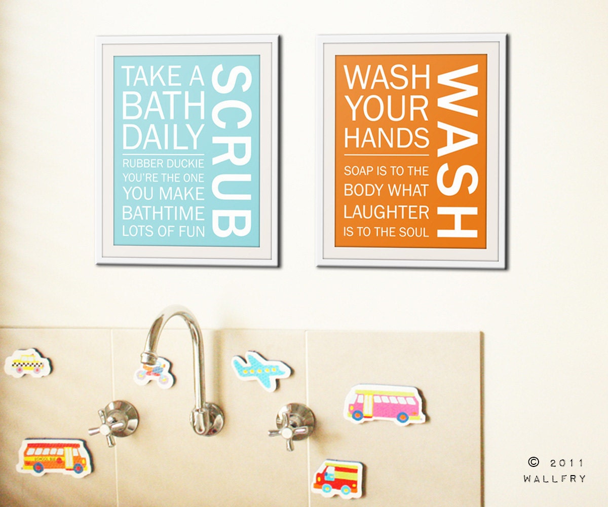 Bathroom art prints. Bathroom Rules. Kids bathroom wall quotes. Wash Brush Floss Flush. Typography. Set of 2 8x10 prints by WallFry