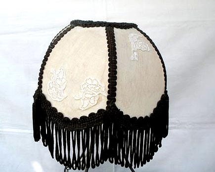 Lamp Shade embroidery- Vintage Lampshade with lace leaves, ribbons and fringes. Romantic country look shabby chic