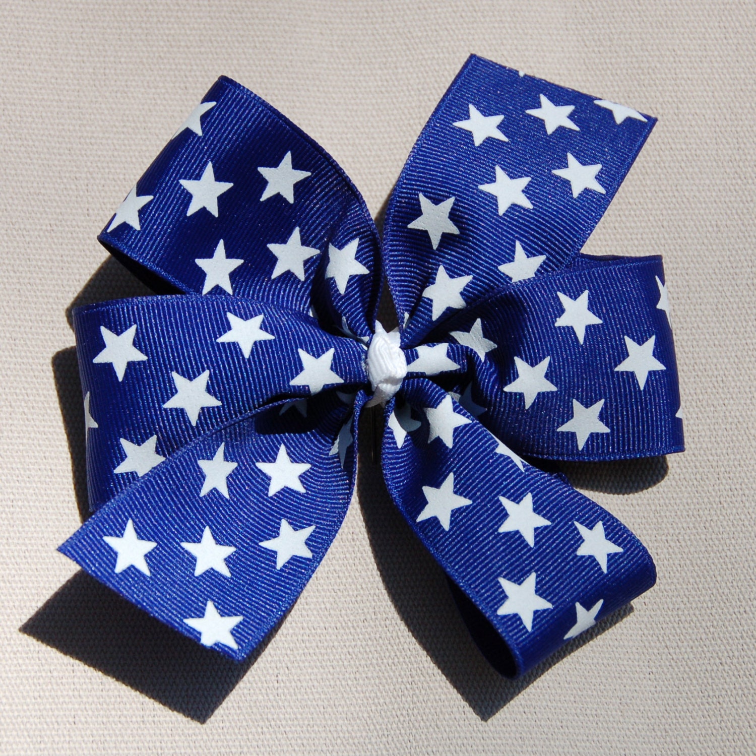 4th of July Memorial Day - 5 inch Extra Large Blue with Stars Pinwheel Bow - Red or White Center Knot - July 4th - Veterans Day