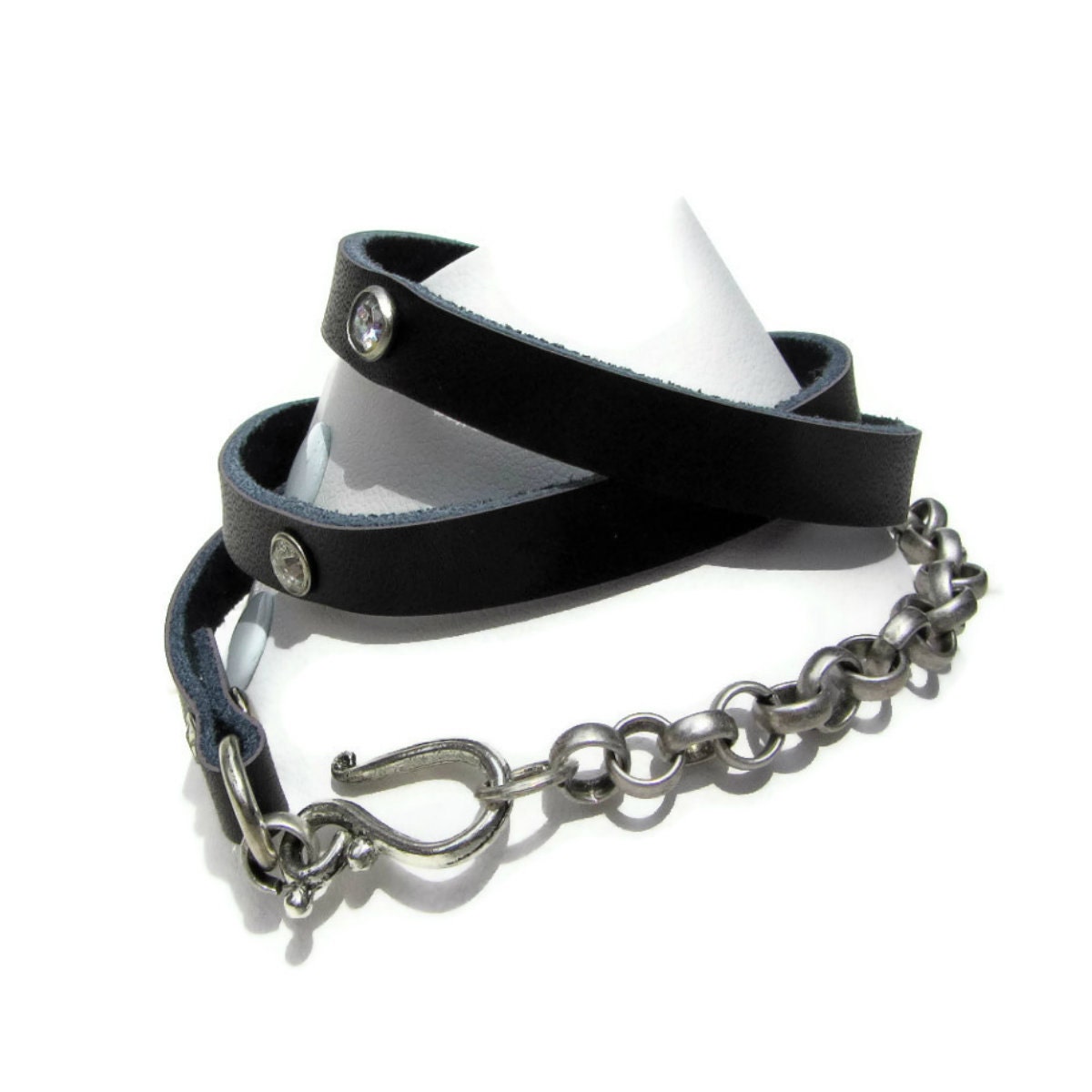 Jet Black Leather Wrap Bracelet With Rhinestone Detail