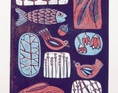 linocut print, Harvest Fields, in blue and red, with fish, birds, rabitt, flowers and pods