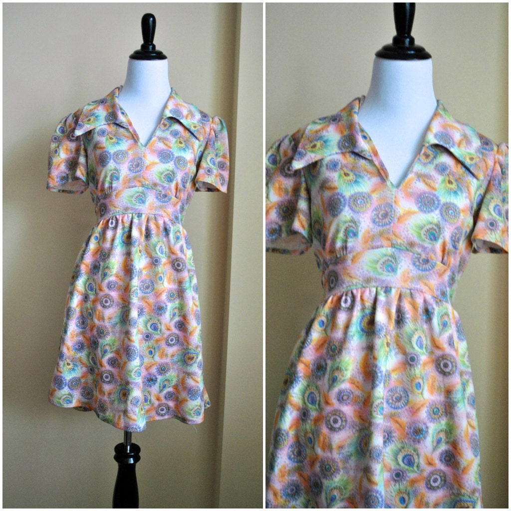 70s Floral Flirty Spring Dress - Small Bright Funky Dress - Floral Dress