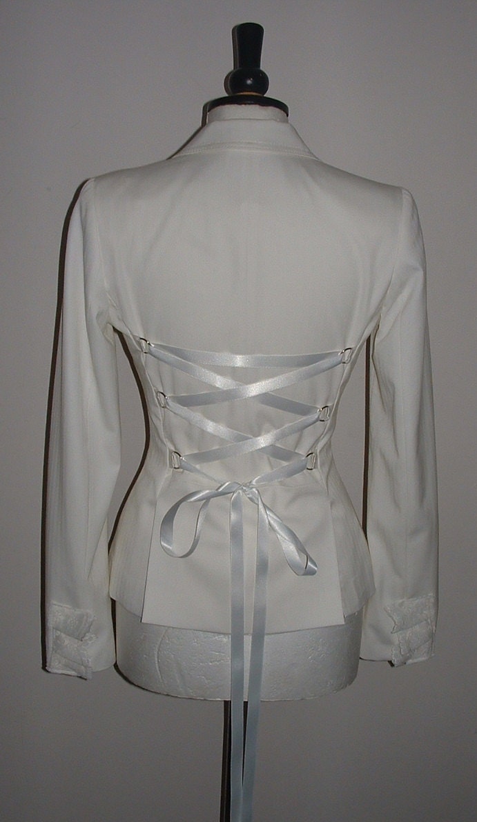 womens white ivory coat  riding jacket handmade corset back goth burlesque hip length vintage style victorian   US size 6.....(...