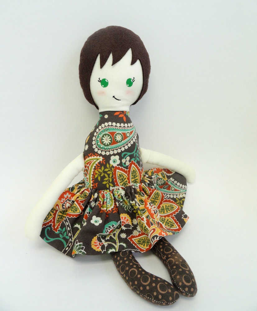 Cloth Doll Rag Doll Brown Haired Doll Baby Doll Brunette Doll Fabric Doll Paisley Fabric