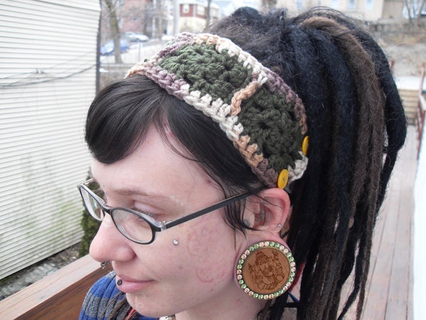 Green and Brown Square Style Crochet Headband