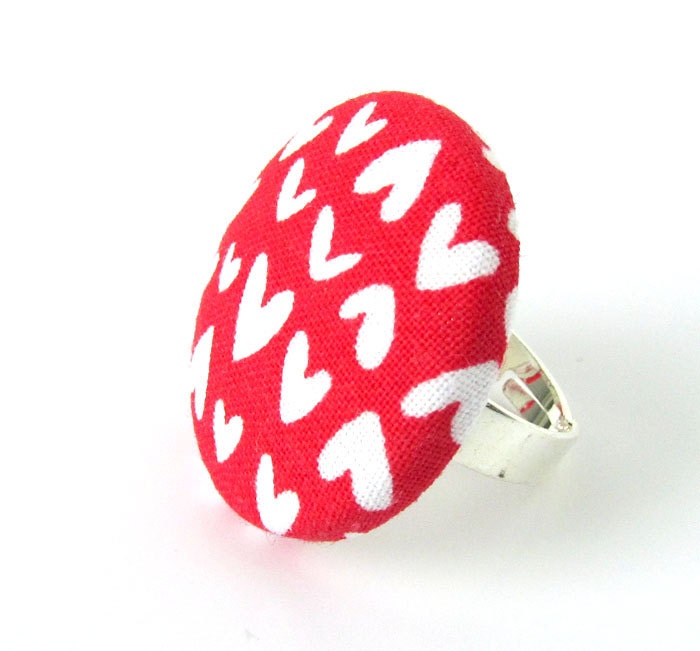 Large red button ring - spring white hearts love anniversary wedding