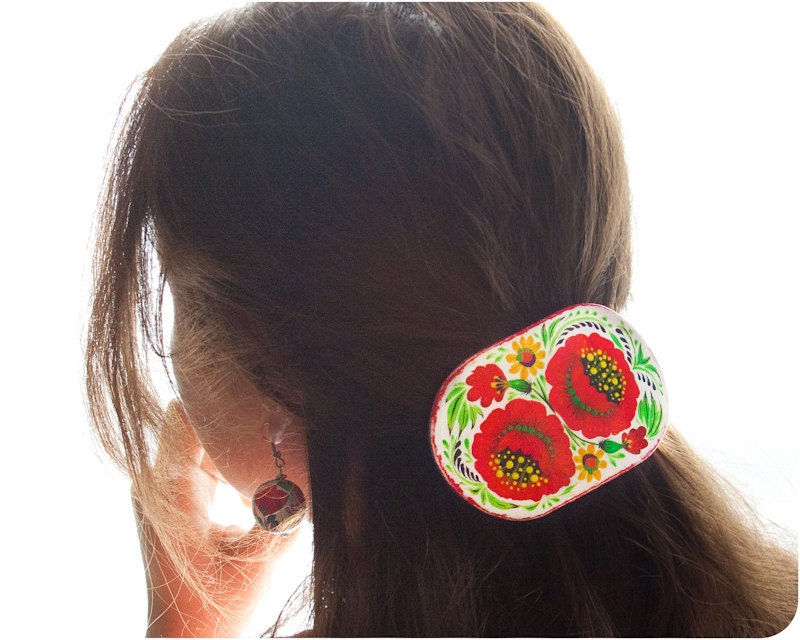 Poppies Hair Clip. Hand Painted. Poppy Accessories. Wood Accessories. Red Poppy. Poppy Cottage Chic. Floral Fashion. Bright Colors.