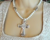 Pearl and Silver Necklace and Earring Set Featuring an Ornate Antique Silver and Crystal Pendant