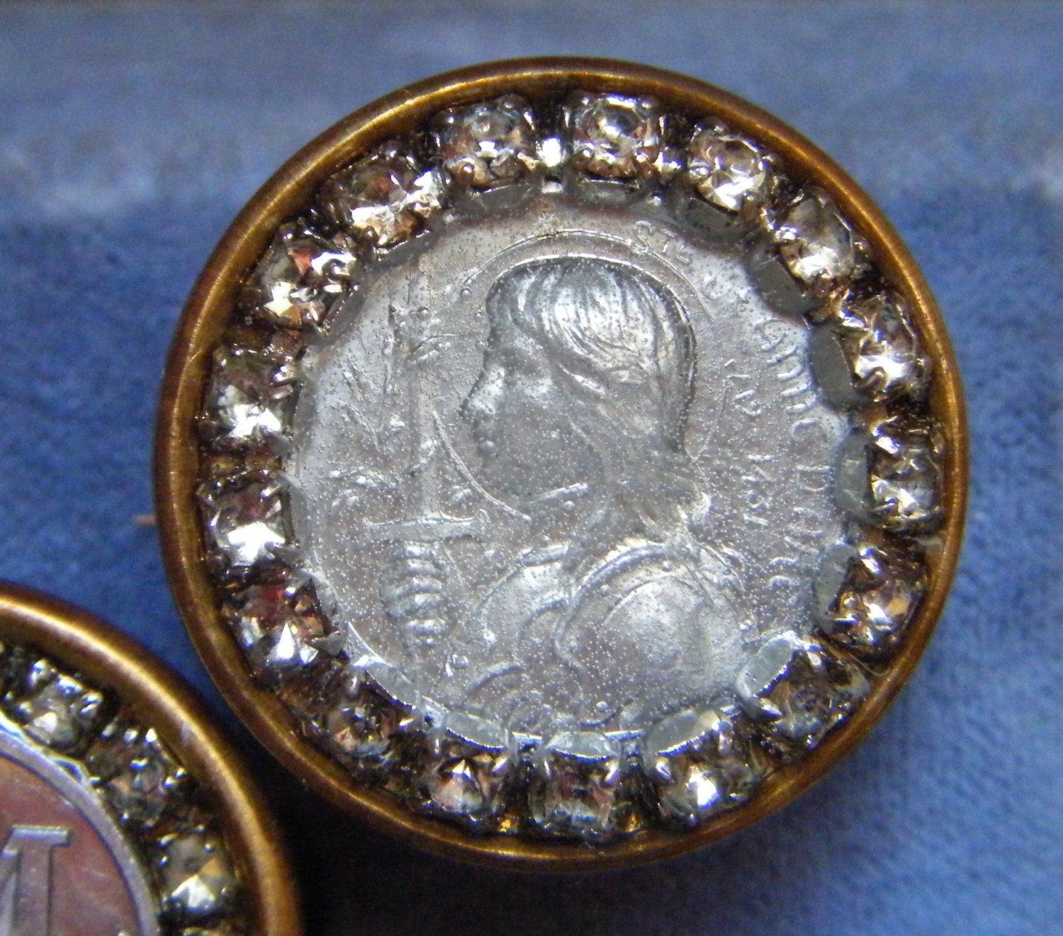 Antique Joan of Arc ring religious bezel rhinestone adjustable one of a kind jewelry assemblage
