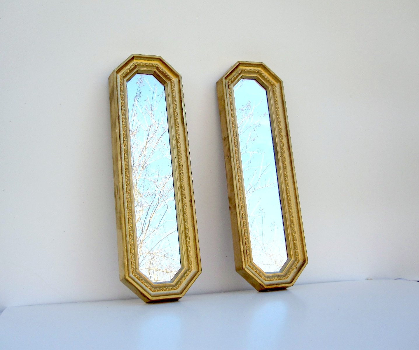 Gold Wall Mirrors - Framed Mirror - Rectangular Mirrors Pair of Two - Large 17" Tall - Regency Decor