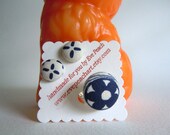 Vintage Fabric Cover Button Ring and Earring Set- Navy Blue and Off White Floral Fiber Ring and Earrings