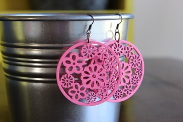 Pink filigree earrings wood