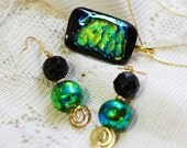 Green and Black Dichroic Necklace and Earring Set