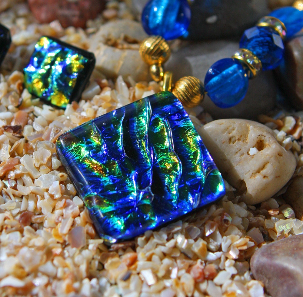 Bright Blue and Gold Dichroic Necklace and Earring Set