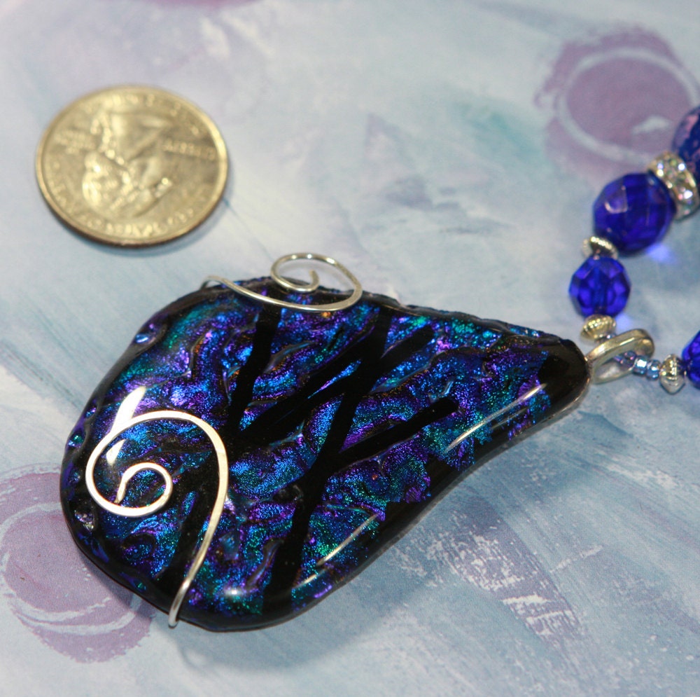 Large Blue and Purple Dichroic Glass Necklace and Earring Set