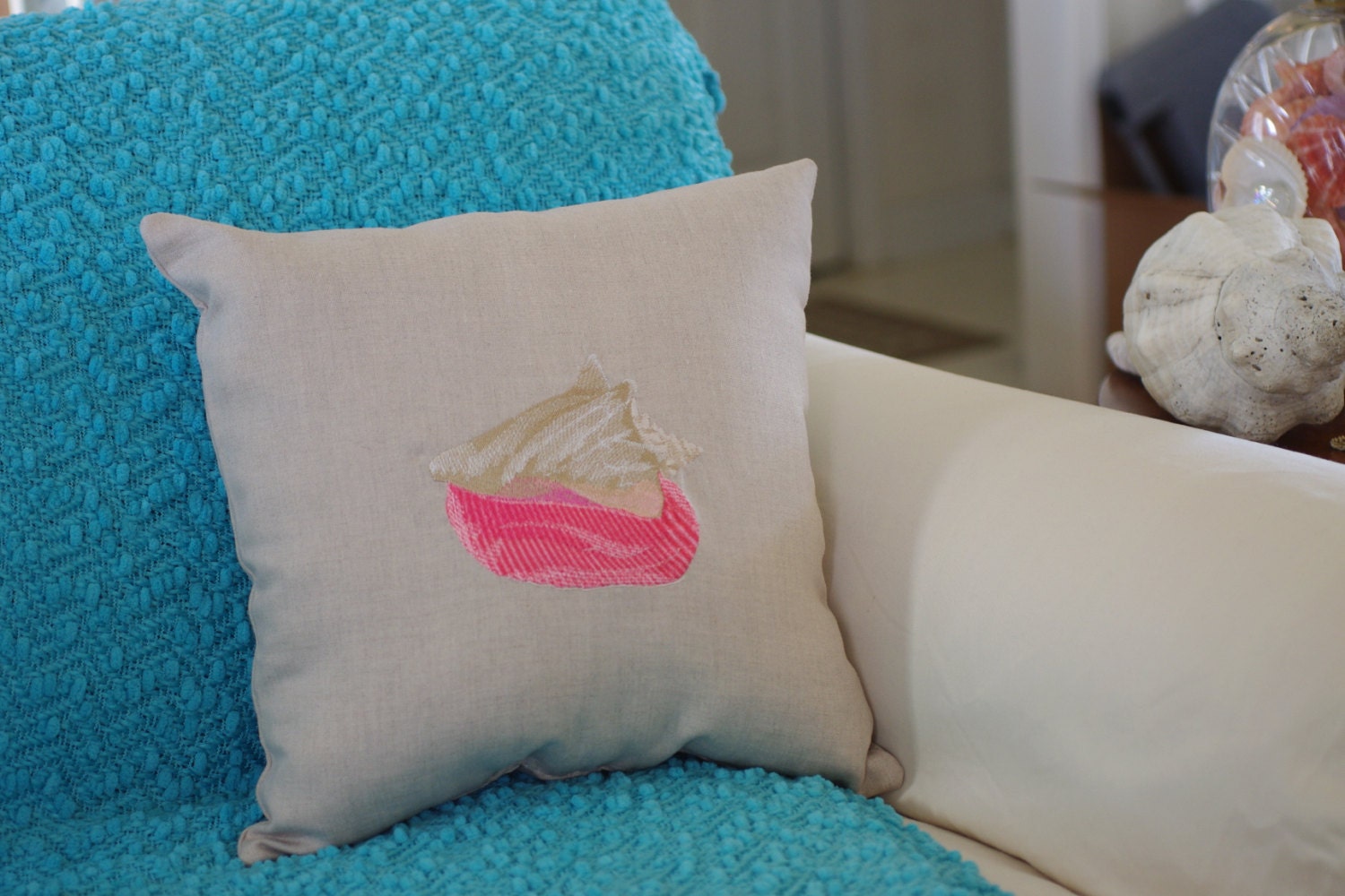 Tan Linen Queen Conch Embroidered Pillow - 16x16 - Beach Decor