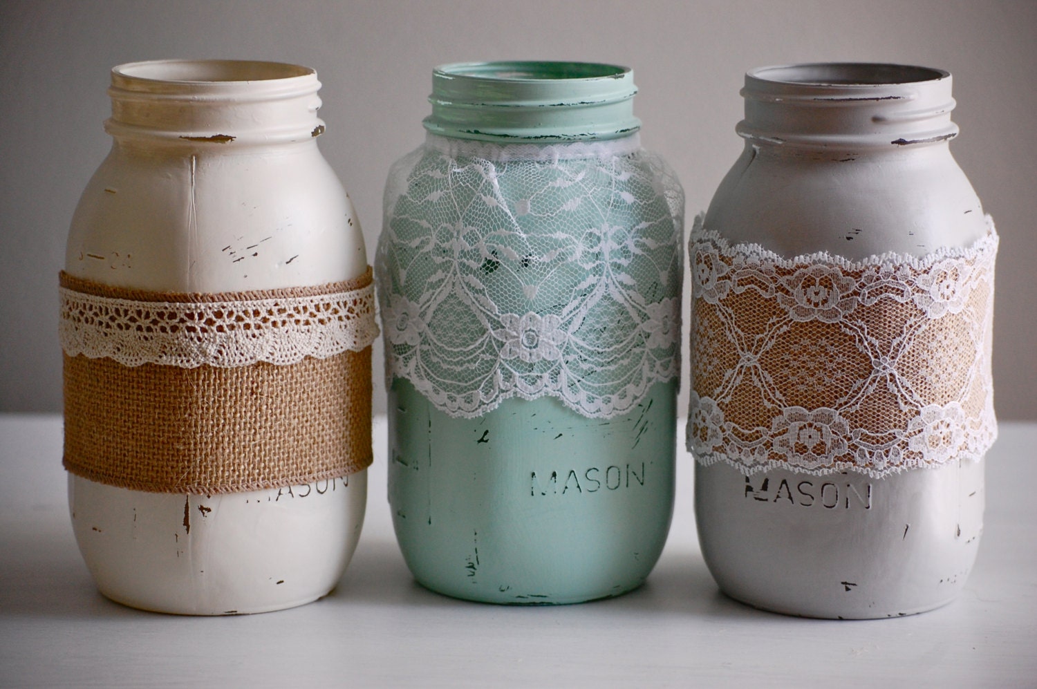 Set of 3 painted & distressed mason jars with lace and burlap, farmhouse decor, rustic wedding decor, shabby chic wedding, shabby chic decor