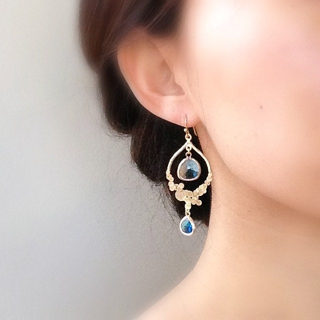 Blue Faceted Glass Stone Chandelier Earrings Gold Plated
