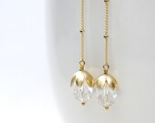 Long Swarovski Crystal Flower Earrings on Chain Gold