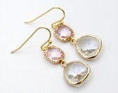 Colorblock. Rose Water Pink and Clear Faceted Glass Stone Earrings Gold