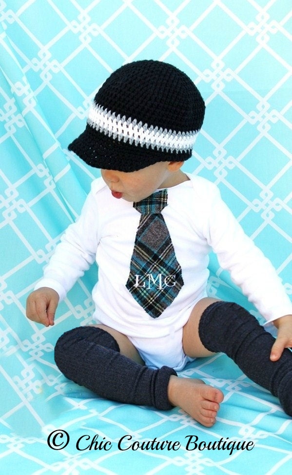 Baby Boy Preppy Plaid Monogrammed or Personalized Tie Onesie & Leg Warmers SET.  Plaid of Dark Gray / Grey, Black, Navy, White, Aqua, Teal.