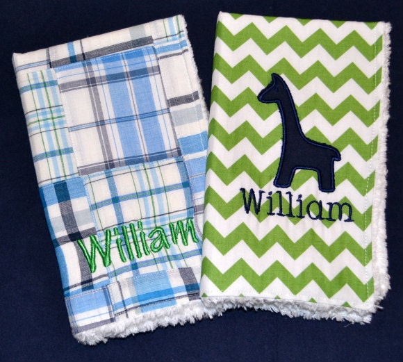 Chevron and Navy Giraffe Applique Cotton Chenille Burpcloth Set