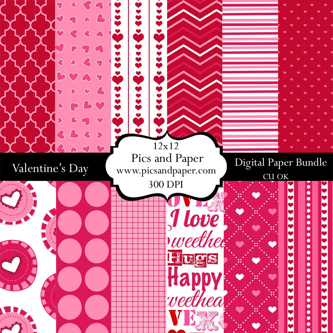 Valentine's Day Digital scrapbooking paper red, pink hearts INSTANT DOWNLOAD-