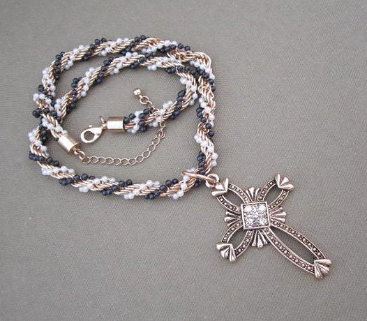 Metal Cross Pendant Beaded Vintage Strand Necklace