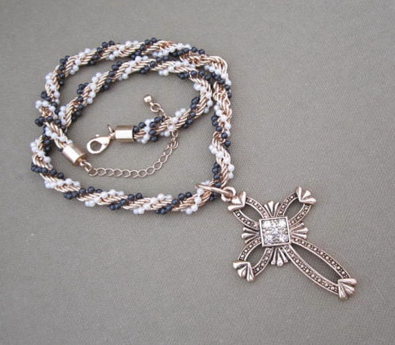 Metal Cross Pendant Beaded Vintage Strand Necklace