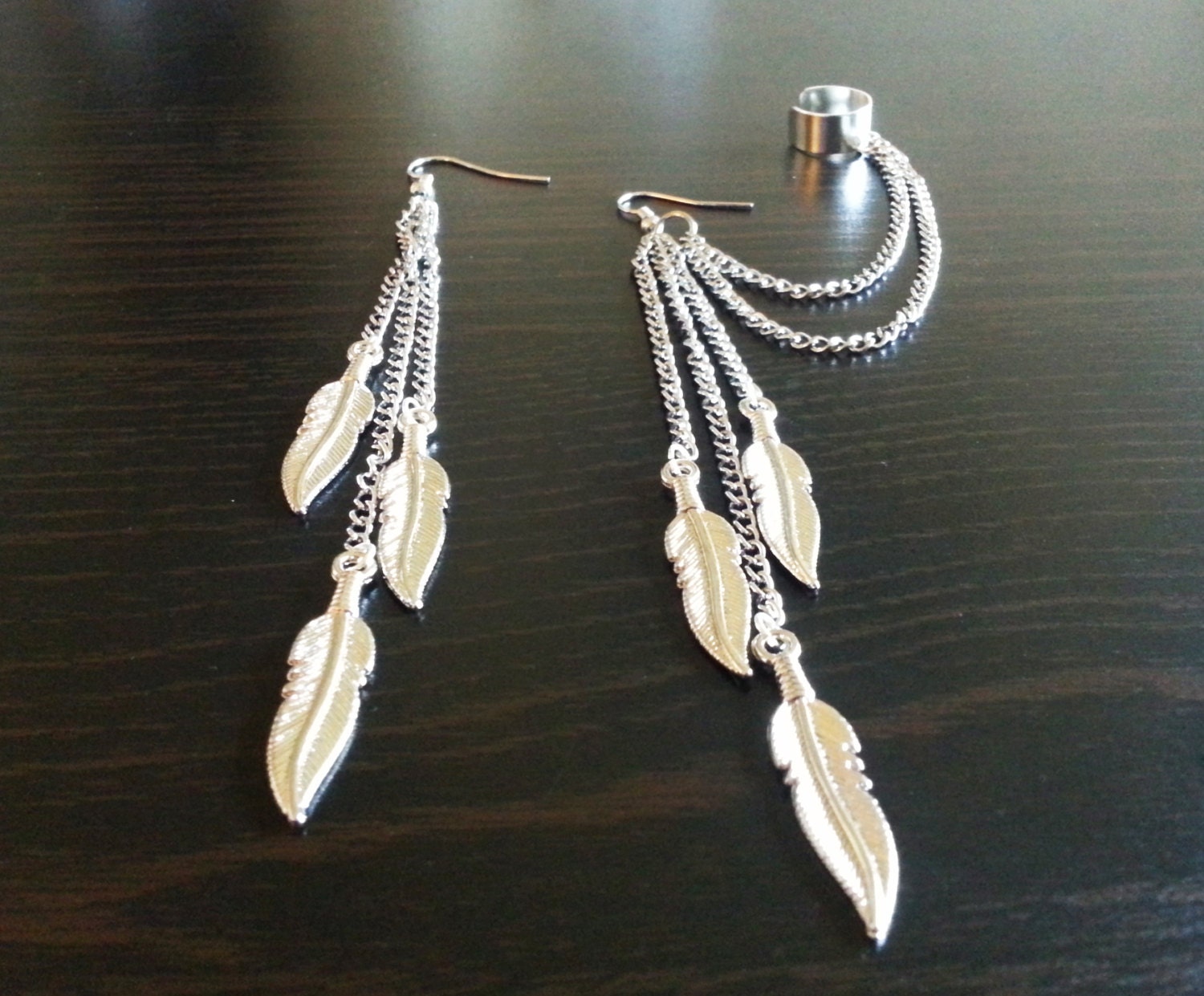 Silver Feather Ear Cuff with Chain Set