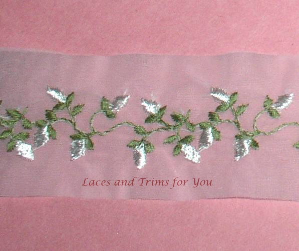 7 Yards White Embroidered Roses Organza Lace Trim 1-7/8 inch wide M65A