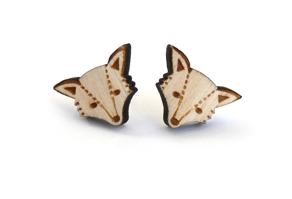 Wooden Fox Stud Earrings