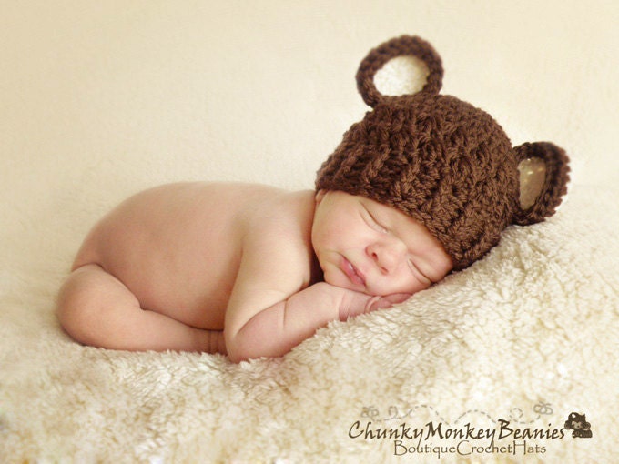 Newborn Baby Boy Hat, 0 to 1 Months Baby Boy Hat, Baby Boy Teddy Bear Hat, Chocolate Brown with Cream Ears. Newborn Photo Props. Baby Gift.