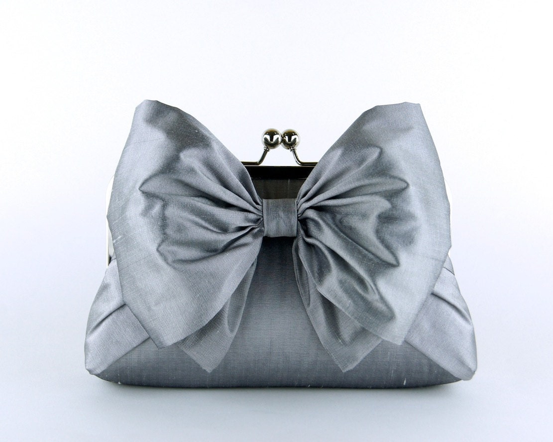 EllenVintage Silk Bow Clutch in Silver, wedding clutch, wedding bag, bridesmaid clutch, Bridal clutch