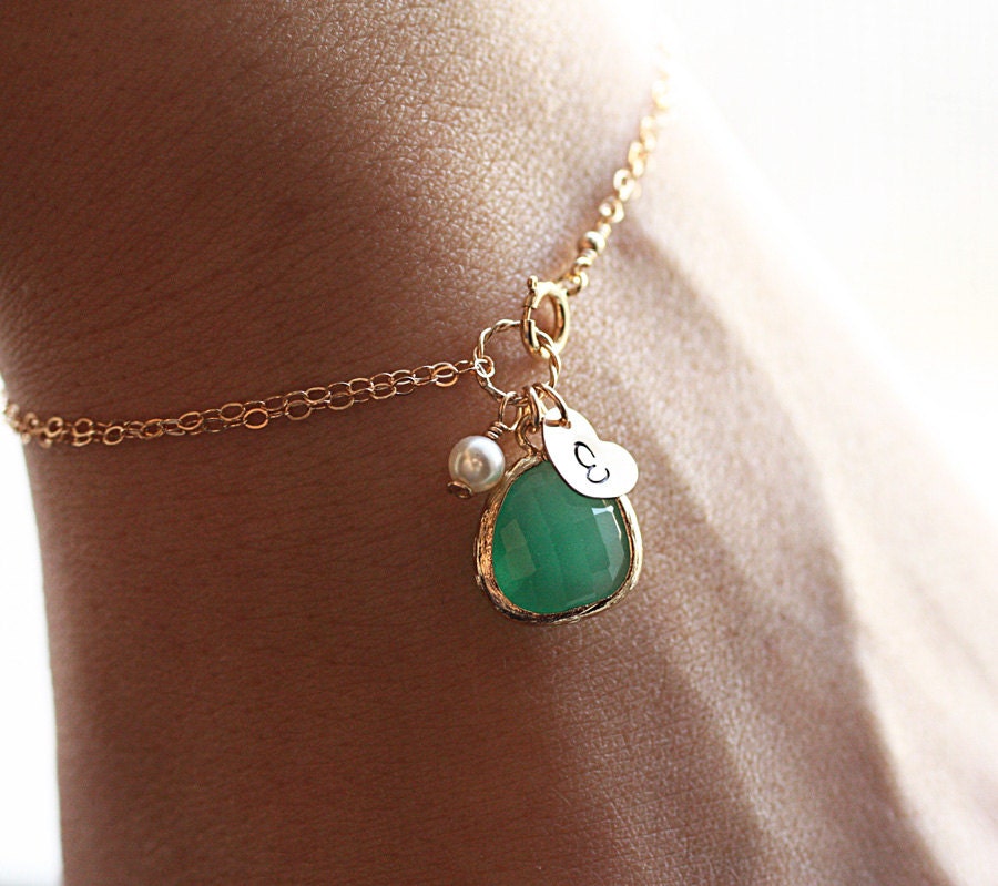 Gold Initial Charm Bracelet, Green Onyx Glass Pendant, Swarovksi Pearl - Personalized Bracelet - Hand Stamped 14k Gold Fill - Bridesmaid