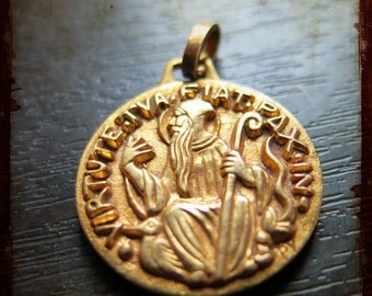 Antique Fernand Py Religious Gold Plated Medal with Saint Benedict - Vintage French pendant