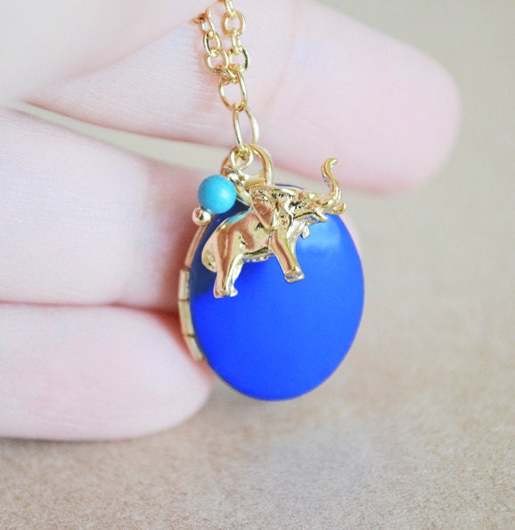 Golden Elephant Charm Figurine with Oval Enamel Locket