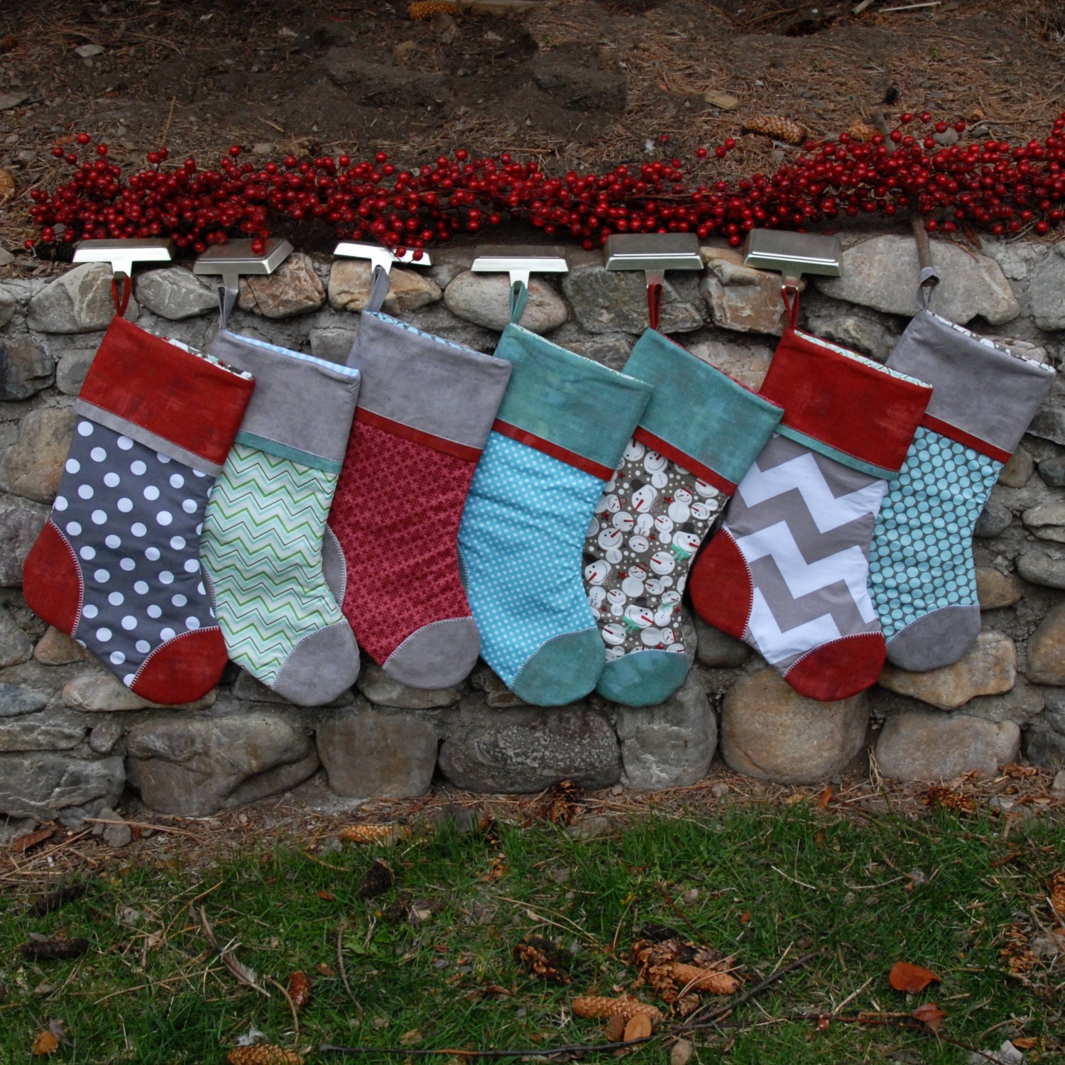 Personalized Christmas Stockings from the Red & Aqua Collection by Yards and Yards