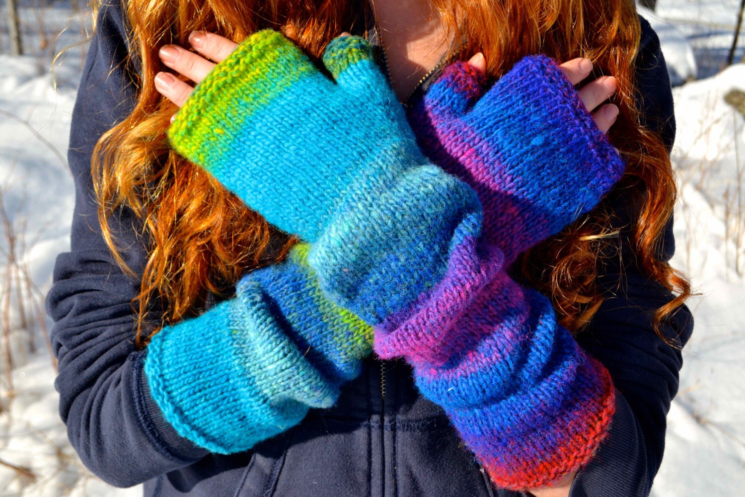 Hand Knit Wool "Funky Rainbow" Fingerless Gloves