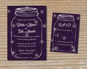 Wedding Invitation - Mason Jar and Fireflies on a Starry Sky Background - Invitation and RSVP Card with Envelopes