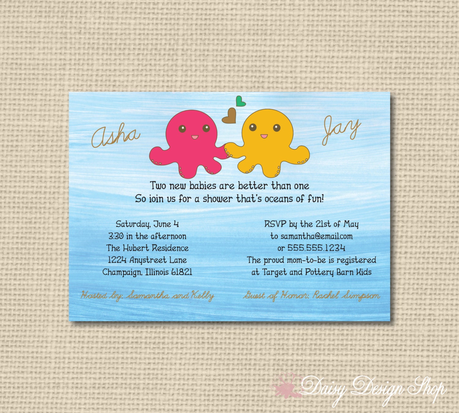 Baby Shower Invitation - Octopus Twins Underwater