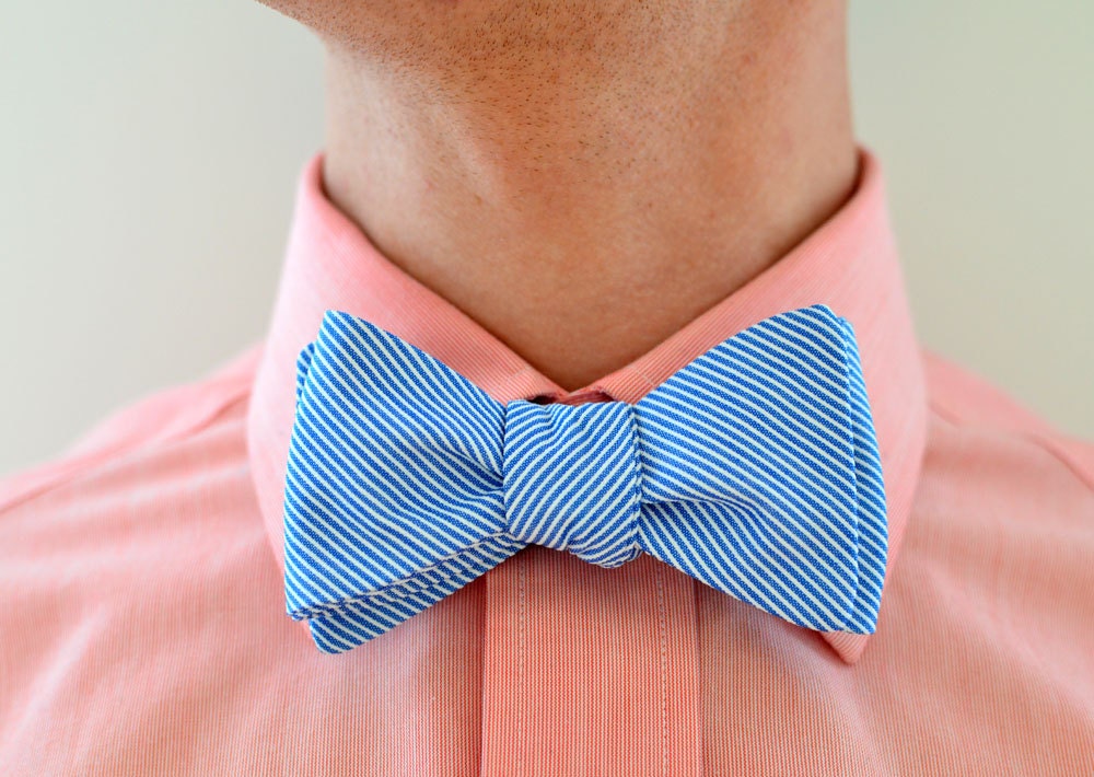 Men's Bow Tie in Blue Stripe- freestyle wedding groomsmen bowtie neck self tie striped