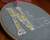Name and Letter, appliqued and embroidered hoop art, nursery wall art, children's room decorative, custom