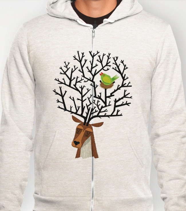 The Tree Stag and the Green Finch - Unisex Zip / Pullover / Hoodie Hoody - iOTA iLLUSTRATION