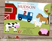 FARM Birthday INVITATION with Little Blue Truck, Horse, Cow, Sheep, Owl and Pig.