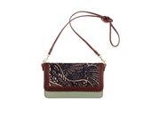 Macaw sling bag in 'jungle fowl' printed leather, brown and duck egg leather