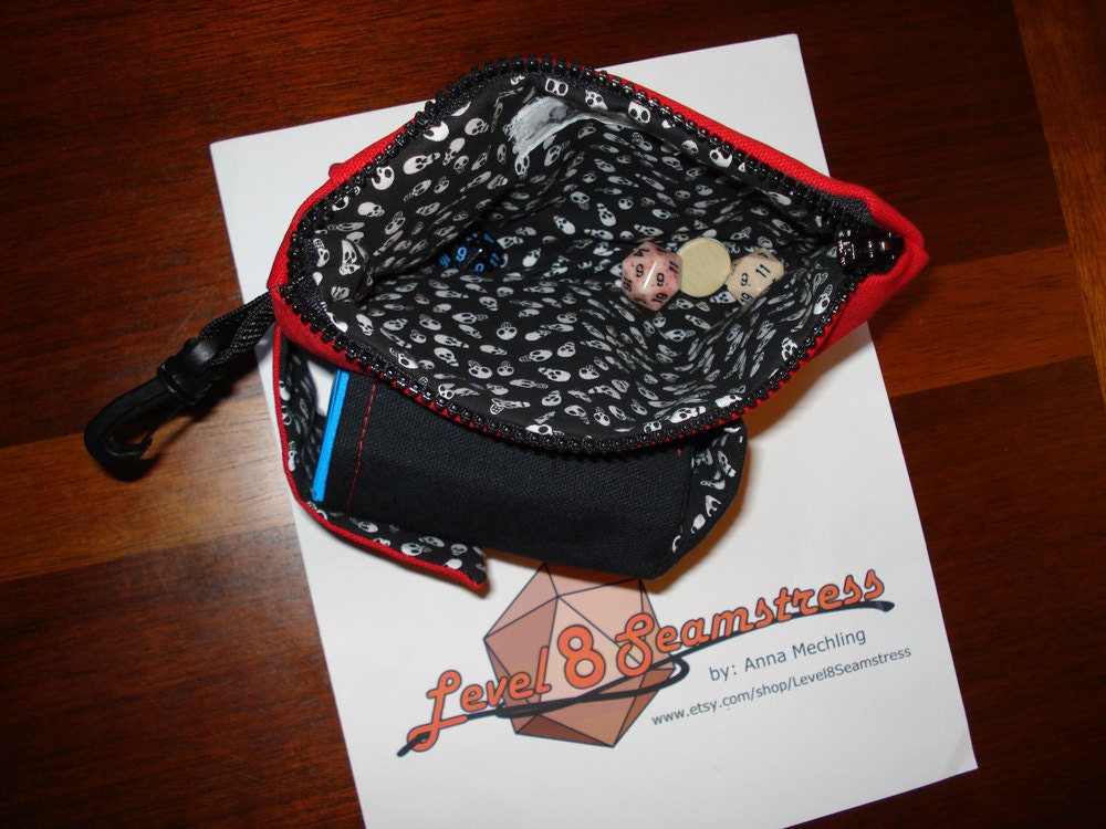 ON SALE Small Multi Use Zippered Pouch With Specialty Deck Pocket for Magic the Gathering or other TCG Decks in Black Red Skull Print Fabric