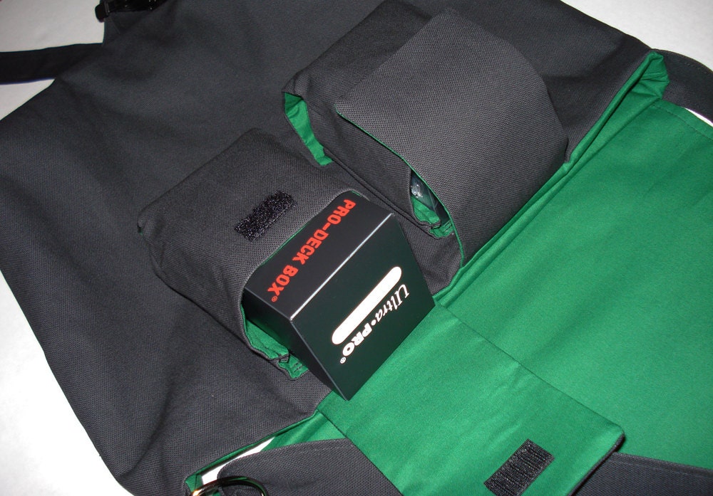 MEDIUM Messenger Bag with 2 Deck Pockets for Larger Pro Style Deck Boxes for MTG or other TCGs Deck Storage Black and Green Fabric